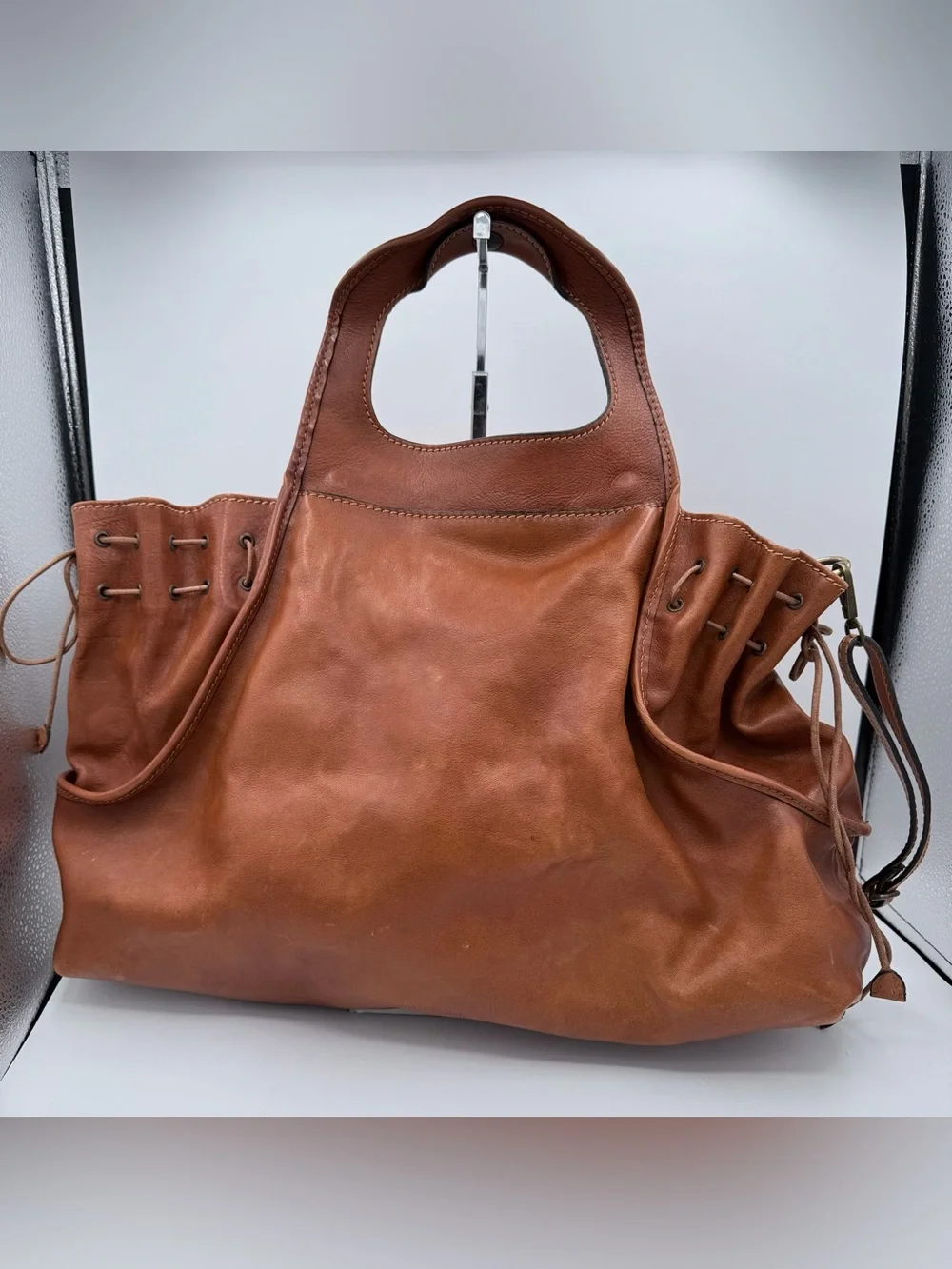 Pratesi Firenze Italian Leather Satchel Bag Tan Cognac Drawstring Sides
